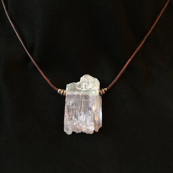 Pink Kunzite Raw Crystal Stone Pendant Necklace w Pure Silver Ethiopian African Spacers on Leather Cord