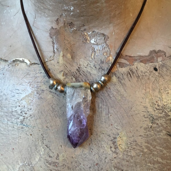 Amethyst Geode Crystal Stone Slice Pendant Necklace with African Silver Cone Beads and Sterling Spacers on Leather Cord