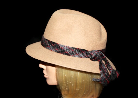 Wide Brim Fedora Hat Vintage Wool Felt Hat, Camel