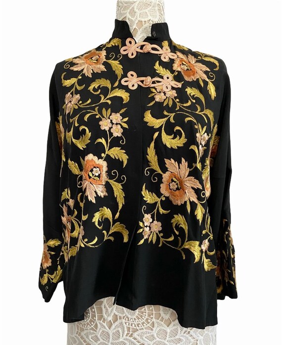 Mandarin Collar Floral Embroidered Shirt