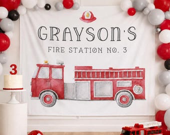 Firetruck Party Backdrop - Firetruck Party Decorations - Firetruck Birthday Banner - FREE US Shipping