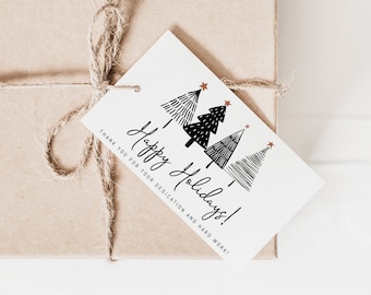 Black and White Holiday Favor Tag - Minimalist Company Christmas Gift Tag Printable - Thank You - EDITABLE template - Instant Download