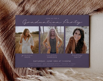 Joint Graduation Party Invitation - Three Person Grad Party Invite - Siblings, Friends, Photo, Minimalist, Class of 2024 - Editable Template