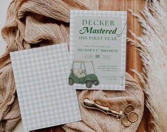 Golf First Birthday Invitation, Mastered First Year Invite, Editable Canva Template, Boys 1st Birthday Golf Party Invitation