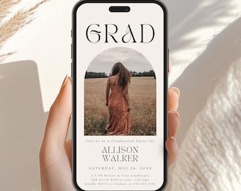 May include: A digital graduation party invitation with a photo of a person in a field. The invitation says "Grad" in a modern font and includes the text "Join us at a Graduation Party for Allison Walker, Saturday, May 28, 20XX".