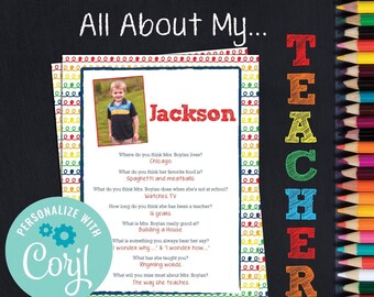 Preschool Teacher Appreciation Gift - All About My Teacher - End of Year Gift - PreK- Kindergarten - INSTANT DOWNLOAD - You Edit Now!