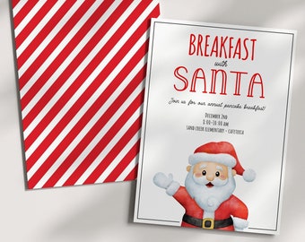 Frukost med jultomten inbjudan - Pannkakor - Brunch - Akvarell julinbjudan - Skola PTO jul, redigerbar mall