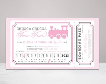 Pink Train Ticket Birthday Invitation - Girl Train Party - Train Ticket - Chugga Chugga Two Two - Choo Choo - All Aboard - Editable