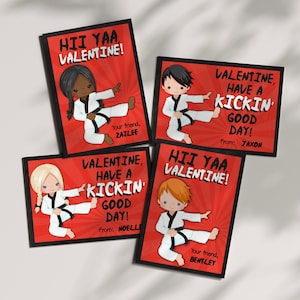 May include: Four Valentine's Day cards featuring cartoon children in karate uniforms. Each card has a red background with a white and black design. The text on the cards reads "HII YAA VALENTINE!" and "VALENTINE, HAVE A KICKIN' GOOD DAY!" with the sender's name below.
