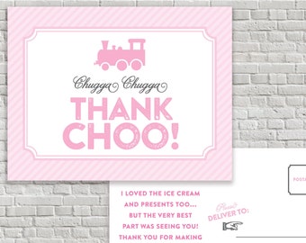 Pink Train Thank You POSTCARD - Girl Birthday - Chugga Chugga Thank Choo - Pink Gray - Chugga Chugga Two Two - Editable
