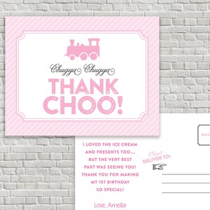 Pink Train Thank You POSTCARD - Girl Birthday - Chugga Chugga Thank Choo - Pink Gray - Chugga Chugga Two Two - Editable