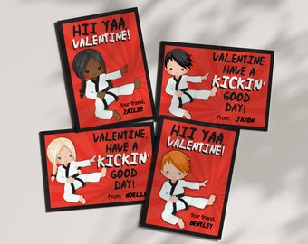 Karate Valentine - PRINTABLE - Personalized - Karate Kid - Boy - Girl - Classroom Valentine Cards - You Pick Hair and Skin - Editable