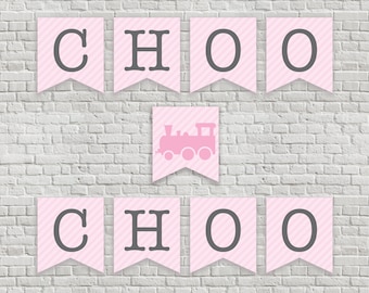 Pink Train Banner - Choo Choo - Pink and Gray - Girl Train Party - Girl Birthday Bunting - Vintage Modern - INSTANT DOWNLOAD