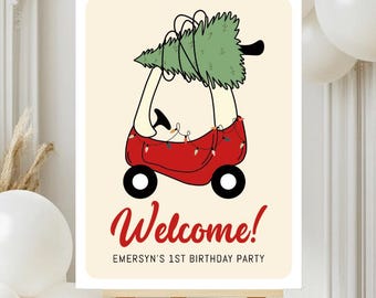 Christmas Tree Toy Car Birthday Sign - Editable Welcome Sign - Oh What Fun First Birthday Party Sign Template