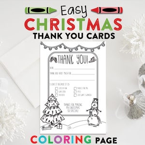 Kids Christmas Thank You Post Card - Kleurplaat - AFDRUKBAAR - Vul de blanco in - Checkbox - INSTANT DOWNLOAD