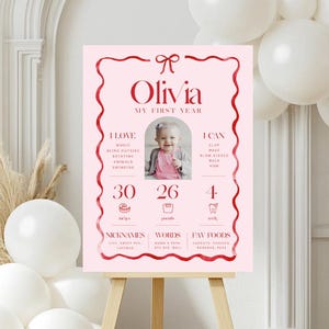 May include: A pink poster on a wooden easel, featuring the name "Olivia" and the text "My First Year." The poster includes a photo, measurements, and sections for nicknames, words, and favorite foods. White balloons and decorative plants are in the background.