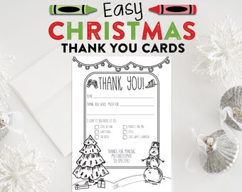 May include: A black and white printable Christmas thank you card featuring a snowman, a Christmas tree, and a gift box. The card has a space for the recipient's name, a section to write a thank you message, and a space for a personal message. The card also includes a section for the sender to tick boxes for reasons why they liked the gift. The card includes the text "Thank You!" and "Thanks for making my Christmas so special!"