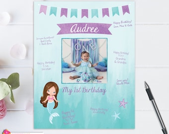 Chalkboard Mermaid Party Blue Purple Signature Mat Digital Birthday Board Wishes Personalized Guest Book Mermaid Birthday