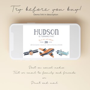 May include: A blue and white aeroplane themed birthday invitation for a boy turning five. The invitation features the name "HUDSON" in a navy blue font and the text "Is Turning Five!" in a smaller navy blue font. The invitation also includes the date "October 28" and the time "4:00 PM".