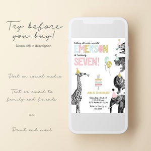 May include: A digital invitation for a child's birthday party. The invitation features a jungle animal theme with a giraffe, lion, elephant, and monkey. The text on the invitation reads "Calling all party animals! Emerson is turning Seven!" and includes the date, time, and location of the party.