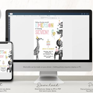 May include: Editable digital invitation for a child's birthday party. The invitation features a colorful jungle animal theme with a giraffe, lion, elephant, and a birthday cake. The text on the invitation reads "Celebrating all party animals Emerson is turning SEVEN!"