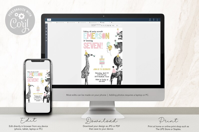 May include: Editable digital invitation for a child's birthday party. The invitation features a colorful jungle animal theme with a giraffe, lion, elephant, and a birthday cake. The text on the invitation reads "Celebrating all party animals Emerson is turning SEVEN!"