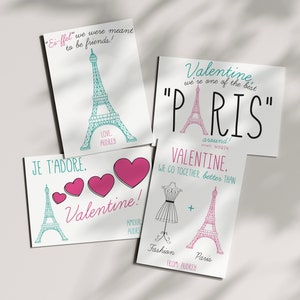 May include: Four Valentine's Day cards with a Parisian theme. Each card features a drawing of the Eiffel Tower and text that says "Valentine", "Je t'adore", "We were meant to be friends", and "We go together better than Fashion and Paris".