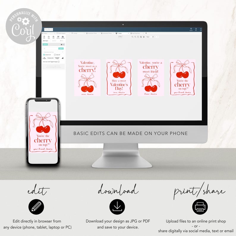 May include: A digital design template for Valentine's Day cards featuring a red cherry with a bow and the text "You're the cherry on top!" The design is shown on a computer screen and a smartphone.