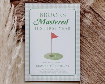 Golf First Birthday Invitation, Mastered His First Year Invite, Editable Canva Template, Boys 1st Birthday Golf Party Invitation