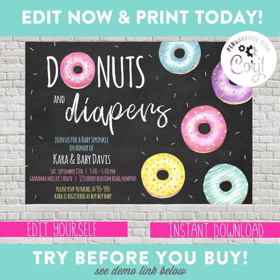Donut Baby Sprinkle Invitation - Donuts and Diapers - Diaper Shower - Coed Baby Shower - INSTANT DOWNLOAD - Editable - You Edit and Print Il_570xn