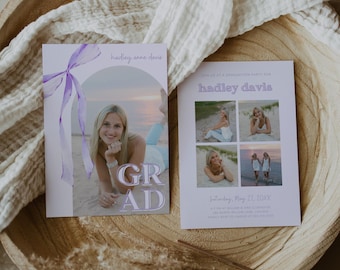 Purple Bow Graduation Invitation, Canva Template, Editable Girly Grad Party Invite, Purple Coquette Bow, Aesthetic Senior Announcement Photo