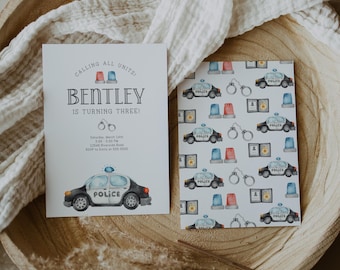 Police Car Birthday Invitation, Calling All Units, Kids Birthday Party Invite, Patrol Car, Policeman Party - Watercolor - Editable Template