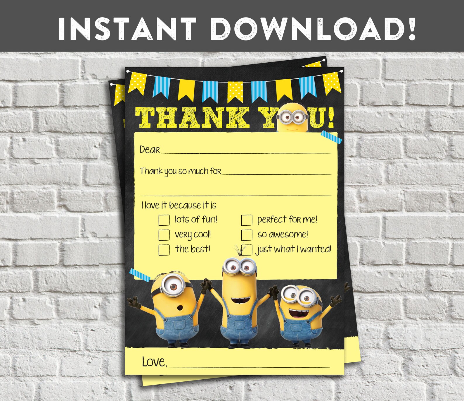 Minions Thank You Card Printable Fillable Fill in Blanks Etsy