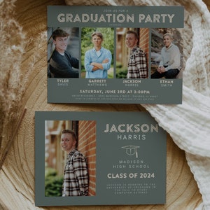 Joint Graduation Party Invitation Four Person Grad Party Invite Siblings, Friends, Photos, Minimalist, Class of 2024 Editable Template image 6