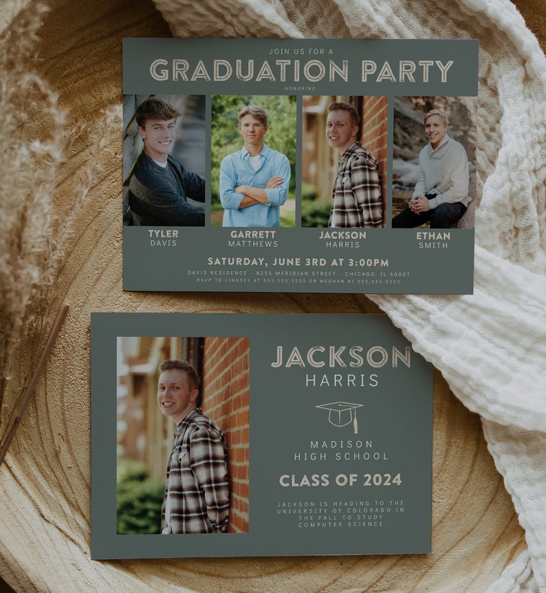Joint Graduation Party Invitation Four Person Grad Party Invite Siblings, Friends, Photos, Minimalist, Class of 2024 Editable Template image 6