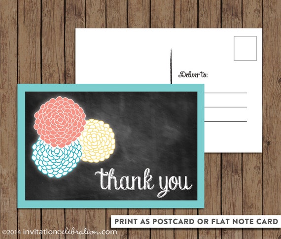 Chalkboard Thank You Post Card - Retro Vintage - PRINTABLE - Turquoise - Coral - Yellow - Flowers - INSTANT DOWNLOAD Il_570xn