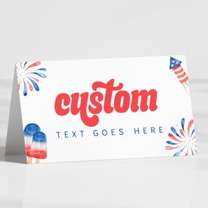 Cartes de tente du 4 juillet, rouge blanc et étiquettes d'aliments pour deux fêtes, rouge blanc pour baby shower, marque-place feux d'artifice, carte de buffet pliée, MODIFIABLE