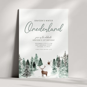 Boy Winter ONEderland Birthday Invitation - Winter Forest First Birthday Invite - Woodland 1st Birthday - Printable - Editable Template, DIY