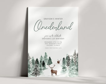 Boy Winter ONEderland Birthday Invitation - Winter Forest First Birthday Invite - Woodland 1st Birthday - Printable - Editable Template, DIY