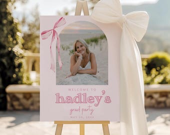Pink Bow Graduation Welcome Sign, Canva Template, Editable Grad Party Sign, Arch Photo Aesthetic Decor, Coquette Bow Entrance Sign 2 sizes