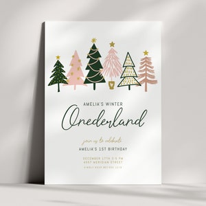 Girl Winter ONEderland Birthday Invitation - Christmas First Birthday Invite - Pink Green Peach Gold - Printable - Editable Template - DIY