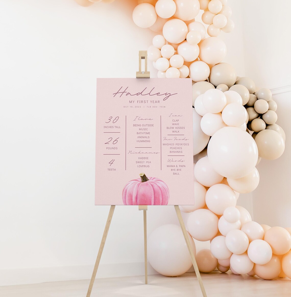 Pinkstats Signage Pink Pumpkin Stats Board - First Birthday Milestone Poster, Pumpkin is ...