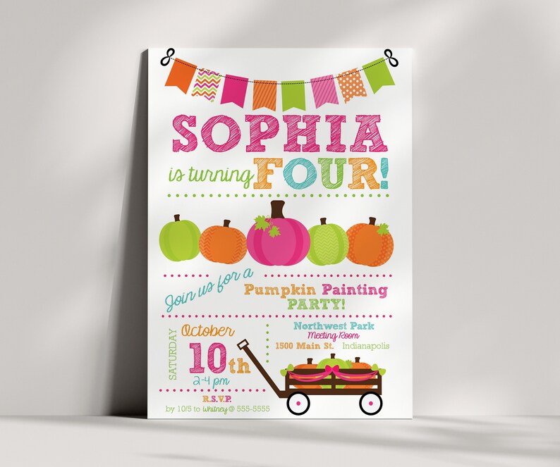 May include: A colorful invitation for a pumpkin painting party for Sophia's 4th birthday. The invitation features a banner with colorful flags, pumpkins, and a wagon with pumpkins. The text on the invitation reads "Sophia is turning Four!" and includes the date, time, and location of the party.