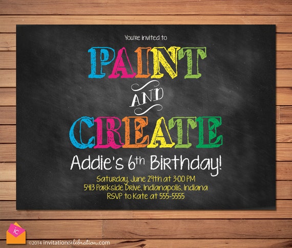 Painting Party Invitation - Chalkboard - Paint Birthday Party - Rainbow - Paint and Create Party - Art Party Invitation - Digital or Printed Il_570xn