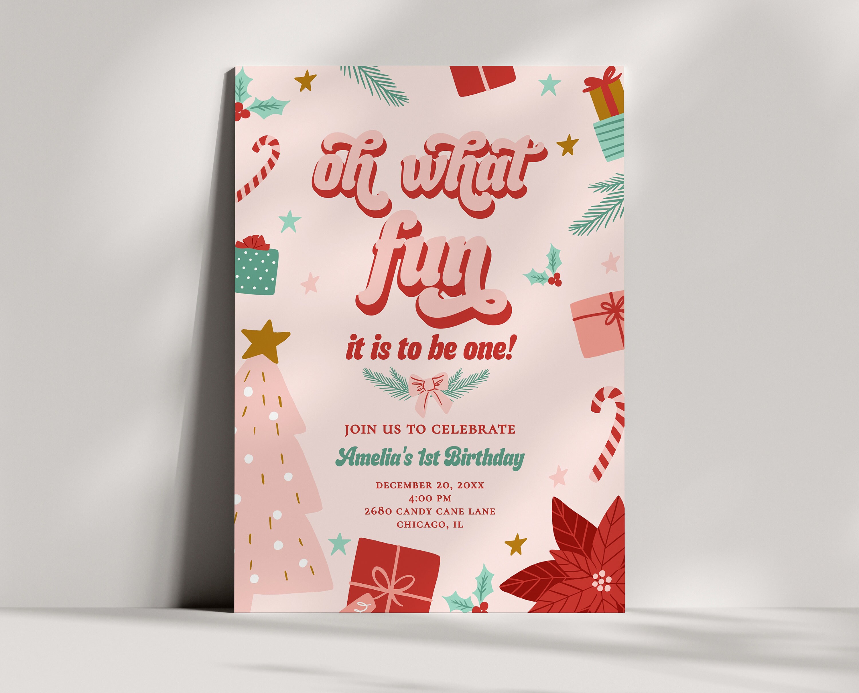 Girl Christmas Birthday Invitation - Oh What Fun 1st Birthday, December First  Birthday - Pink Green Red Gold, Printable Editable Template - Etsy, image size:3000x2420