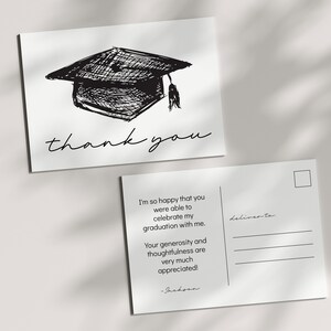 Afstudeerbedankkaart, afstudeerfeest bedankt, minimalistisch, zwart-wit, ansichtkaart of notitiekaart - BEWERKBARE sjabloon - DIY