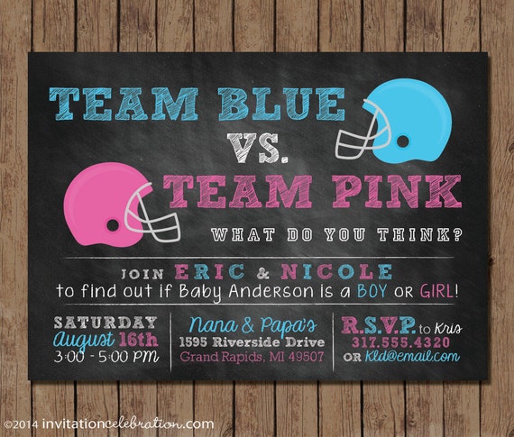 Football Gender Reveal Invitation - PRINTABLE - Chalkboard - Baby - Team Blue - Team Pink - EDITABLE - DIY Il_570xn