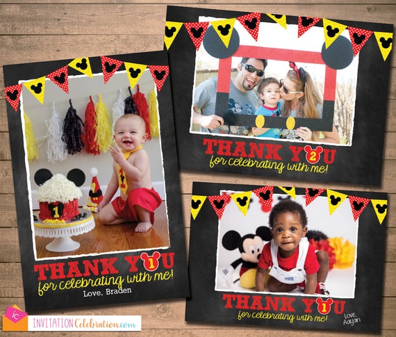Chalkboard Mickey Thank You Card - Mickey Photo Thank You - Mickey Digital Thank You Card - Mickey Mouse First Birthday - Personalized Il_570xn