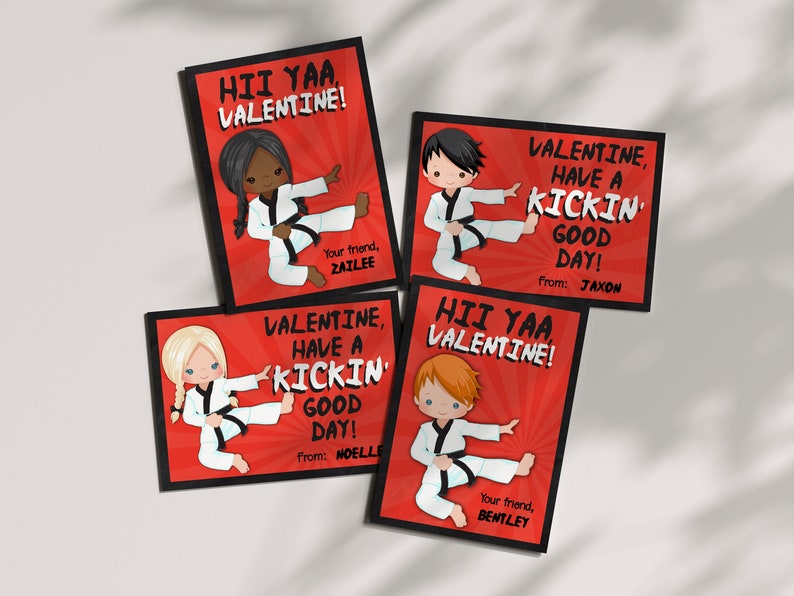 May include: Four Valentine's Day cards featuring cartoon children in karate uniforms. Each card has a red background with a white and black design. The text on the cards reads "HII YAA VALENTINE!" and "VALENTINE, HAVE A KICKIN' GOOD DAY!" with the sender's name below.