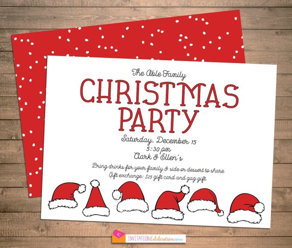 Christmas Party Invitation - Santa Hats - Santa Hat Christmas Invitation - Family Christmas Party Invitation - Backside Design Il_570xn